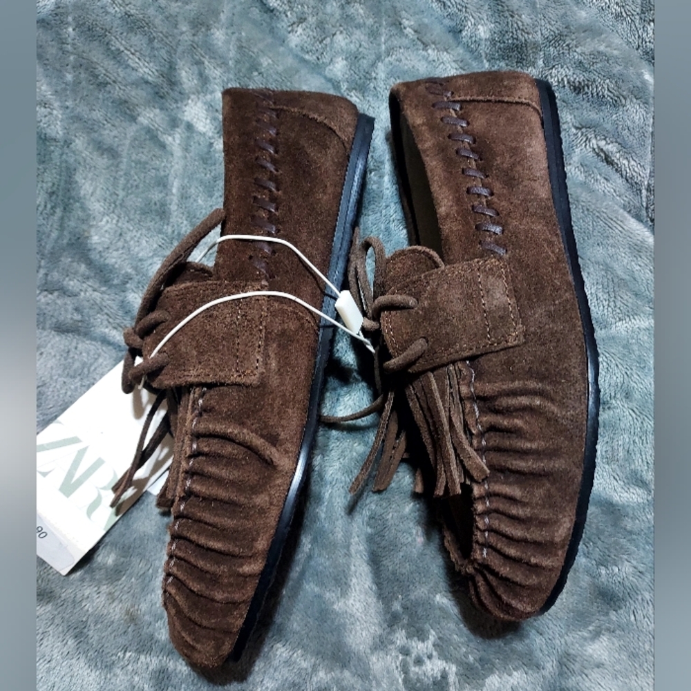 Zara Girls Brown Suede Moccasins with Fringe Sz-2 - Picture 3 of 6